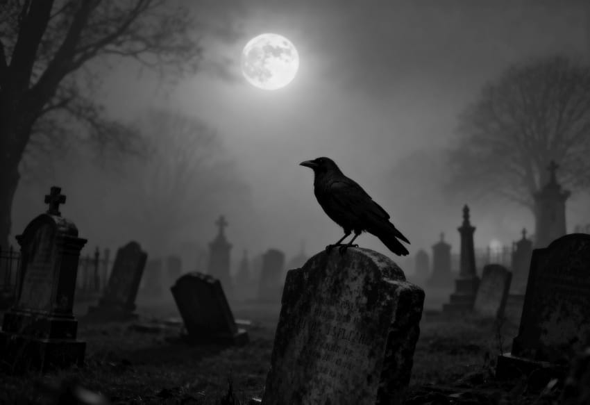 Groblje noću pod punim mesecom sa gavranom na nadgrobnom spomeniku