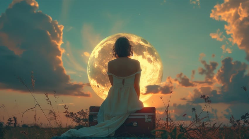 devojka gleda u mesec u dok sedi na koferu horoskop