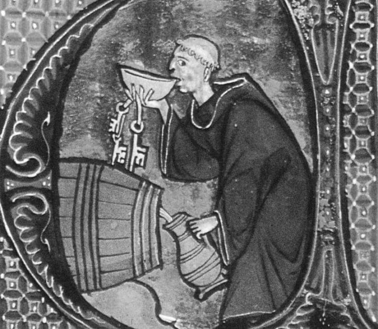 Srednjovekovni monah pije pivo iz bureta, ilustracija iz 13. veka