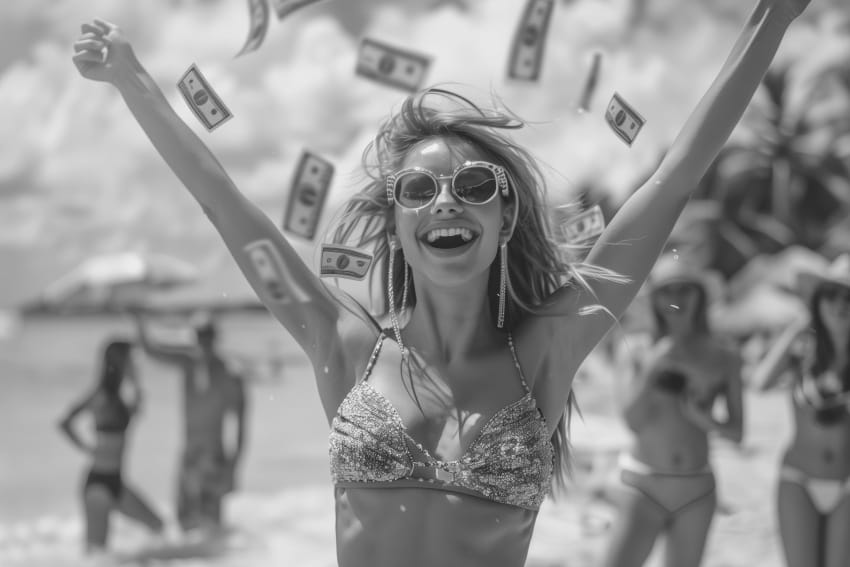 finansijski horoskop jul 2026. devojka na plaži okružena novcem