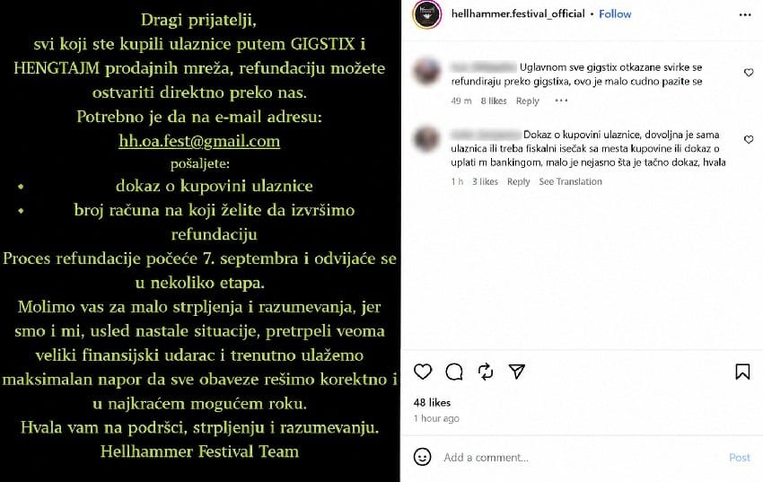 obaveštenje Hellhammer festivala o refundaciji ulaznica na društvenim mrežama