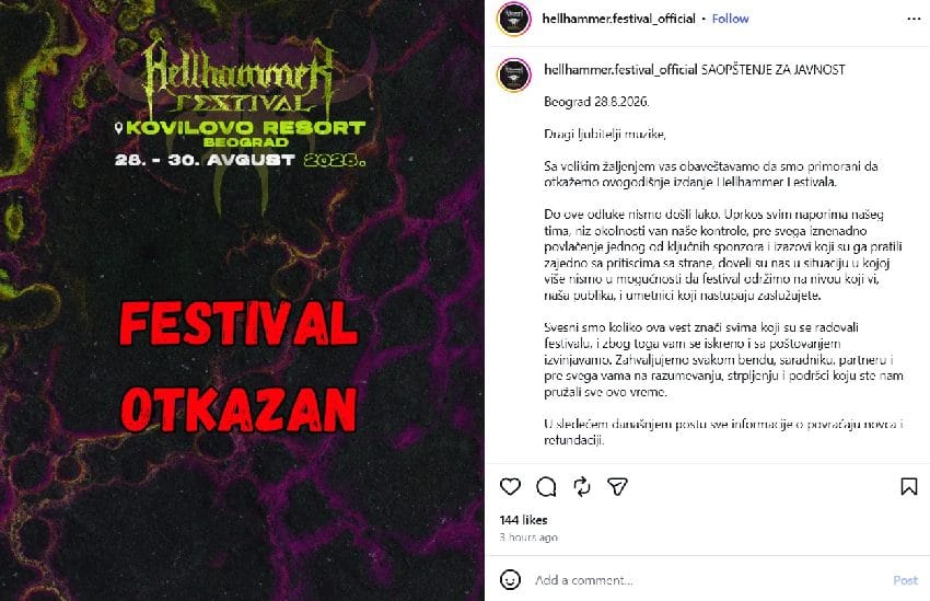 Objava na društvenim mrežama o otkazivanju Hellhammer festivala