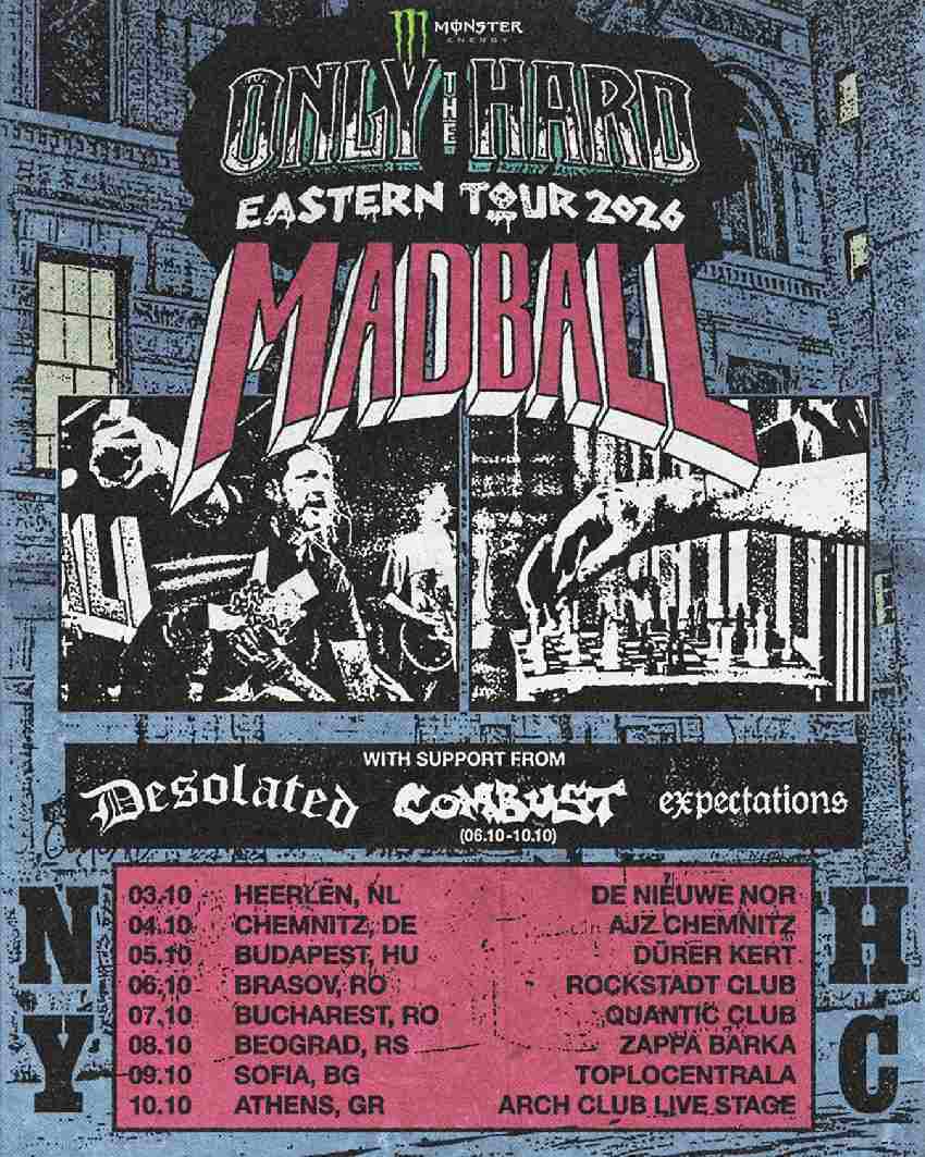Plakat za evropsku turneju Madball Only The Hard – Eastern Tour 2026, uključujući koncert u Beogradu na Zappa Barki
