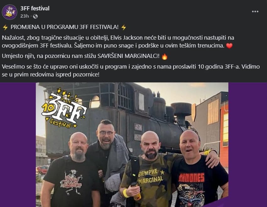 Savršeni MArginalci kao zamena za Elvis Jackson na 3FF festivalu u Čakovcu